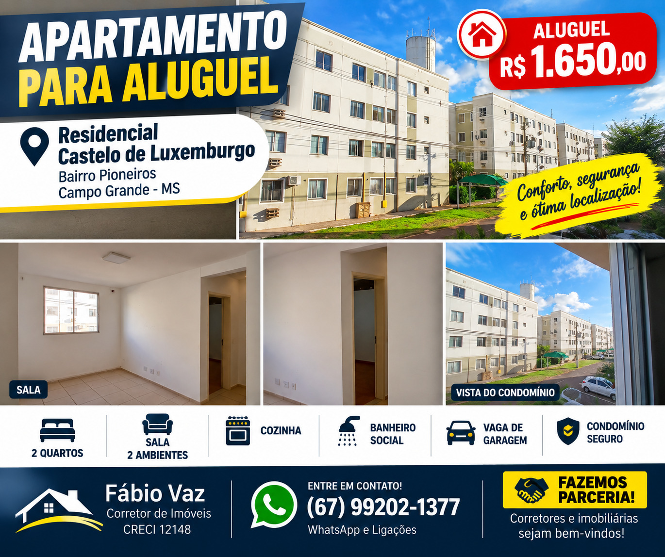 🏡 ÓTIMO APARTAMENTO PARA ALUGUEL CASTELO DE LUXEMBURGO UFMS - 2 QUARTOS 1 BANHEIRO